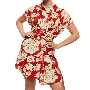 Mango Mini Shirt Dress Size Medium Floral Orange Cream Tropical Short Sleeves
